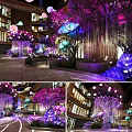 Enchanting Evening Space With Purple Lit Trees Colorful Lanterns And Architectural Structures