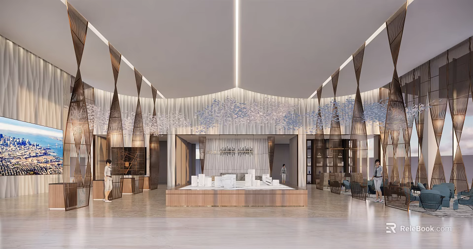 Modern Sales Office Interior With Geometric Wall Decor And Elegant Lighting Design 3d model 