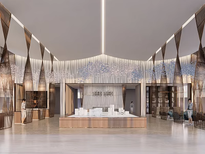 Modern Sales Office Interior With Geometric Wall Decor And Elegant Lighting Design 3d model