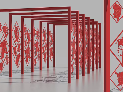 Red Continuous Pergola with Intricate Carved Patterns and Paper cut Art Design Details 3d model