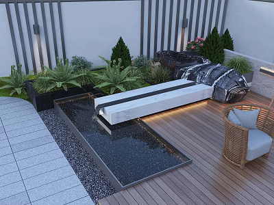 Modern Garden Decor with Wooden Deck Small Water Feature Bench Stone Tiles and Lush Plants 3d model