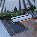 Modern Garden Decor with Wooden Deck Small Water Feature Bench Stone Tiles and Lush Plants
