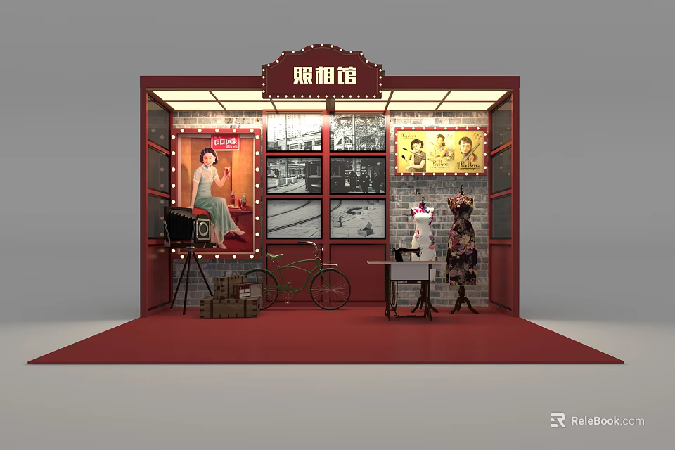 Vintage Photo Studio Display with Old Photos Bicycle Retro Mannequin and Red Carpet 3d model 