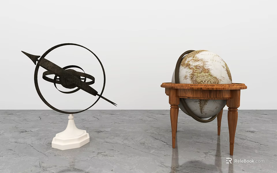 Decorative Ornament Set Featuring Black Metal Frame White Base Globe and Wooden Table 3d model 