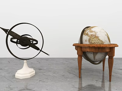 Decorative Ornament Set Featuring Black Metal Frame White Base Globe and Wooden Table 3d model
