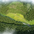Scenic Terraced Garden Landscape With Lush Forest Winding River And Green Fields