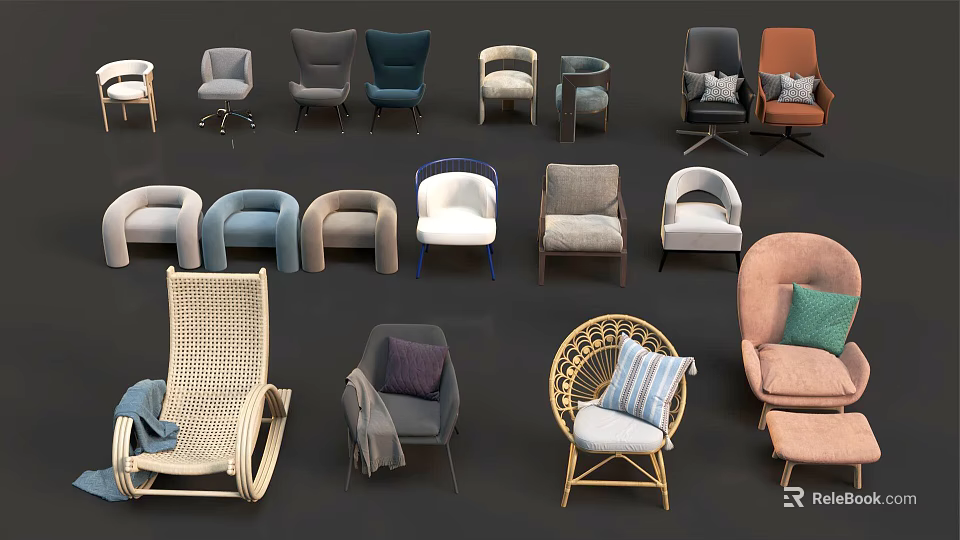 Various Design Accent Chairs With Rattan Upholstered And Wooden Leg Cushion Details 3d model 
