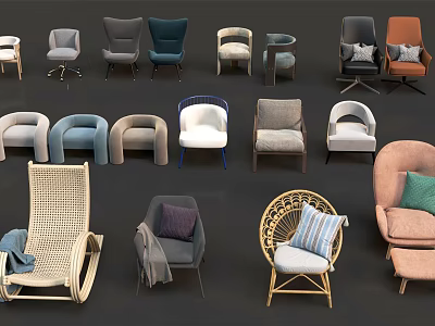 Various Design Accent Chairs With Rattan Upholstered And Wooden Leg Cushion Details 3d model