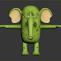Green Spotted Cartoon Elephant With Big Ears And Sad Expression On Gray Background