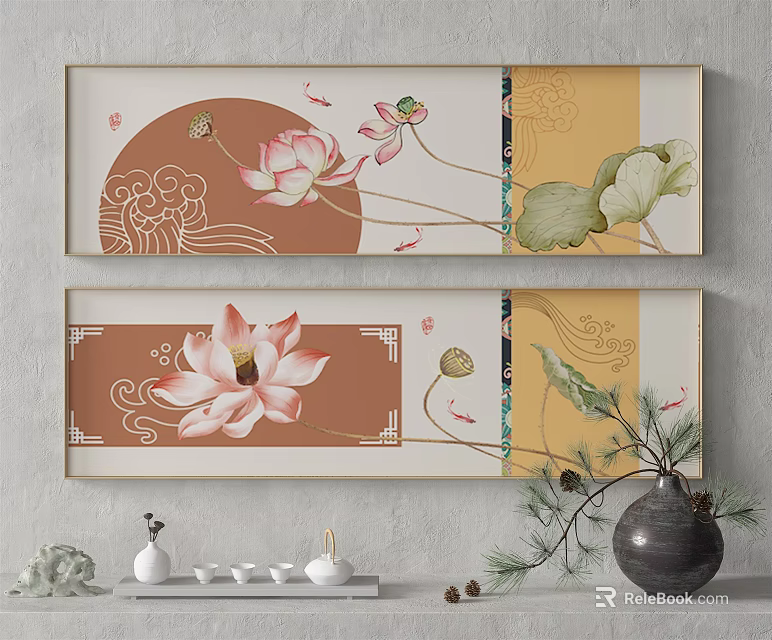Lotus Plant Paintings With Blooms Leaves And Cloud Patterns In Rectangular Frames Hanging On Wall 3d model