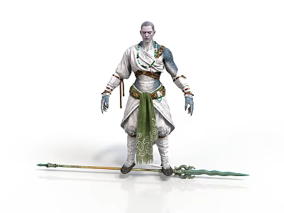 Man In White Robe With Green Sash Holding Decorative Spear And Arm Tattoos 3d model
