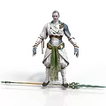 Man In White Robe With Green Sash Holding Decorative Spear And Arm Tattoos
