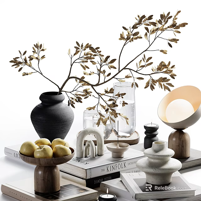 Elegant Decorative Ornament Set with Black Vase Golden Branches Lemons and Wooden Candle Holders 3d model 