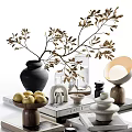 Elegant Decorative Ornament Set with Black Vase Golden Branches Lemons and Wooden Candle Holders