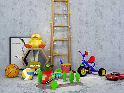 Cute Yellow Duck Doll With Basketball Volleyball Toy Train Tricycle Red Car And Wooden Ladder 3d model