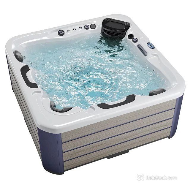 Modern White Square Whirlpool Bathtub With Bubbling Water Jets Control Panel And Blue Accents 3d model 