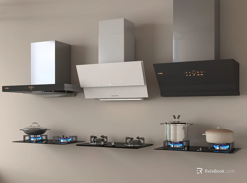 Stylish Modern Kitchen Cookware Including Range Hoods Gas Stoves And Pots With Blue Flames 3d model 