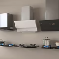 Stylish Modern Kitchen Cookware Including Range Hoods Gas Stoves And Pots With Blue Flames
