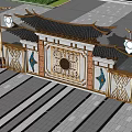 Traditional Chinese Scenic Wall with Golden Decor Circular Pattern Palm Trees and Urban Background