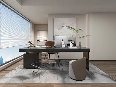 Minimalist Modern Desk In Bright Room With Large Window Blinds Computer Plant Chair And Rug 3d model