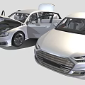 Two Silver Sedans With Open Hood And Doors Modern Car Design Features 3d model