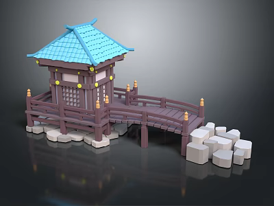 Cartoon Scene Featuring Blue Roof Pavilion With Wooden Bridge And White Stone Steps 3d model