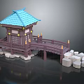 Cartoon Scene Featuring Blue Roof Pavilion With Wooden Bridge And White Stone Steps