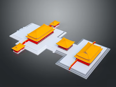 Traditional Chinese Palace Architecture With Yellow Roofs Red Bases And Symmetrical Layout 3d model