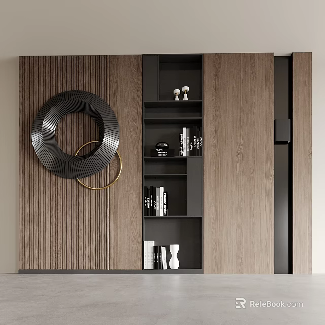 Modern Wooden Bookshelf Design With Black Gold Decor And Books Vases 3d model 