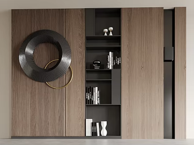 Modern Wooden Bookshelf Design With Black Gold Decor And Books Vases 3d model