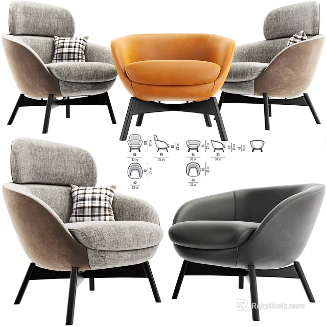 Modern Accent Chair Designs In Multiple Colors With Plaid Pillow And Leather Fabric Details 3d model 