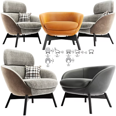 Modern Accent Chair Designs In Multiple Colors With Plaid Pillow And Leather Fabric Details 3d model