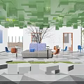 Casual Lounge Interior With Green Ceiling Central Tree Blue Sofa Orange Chairs And Geometric Floor