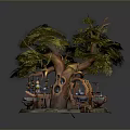 Tree House Architectural Component With Tree Hollow Wooden Structure Stone Path And Lanterns 3d model