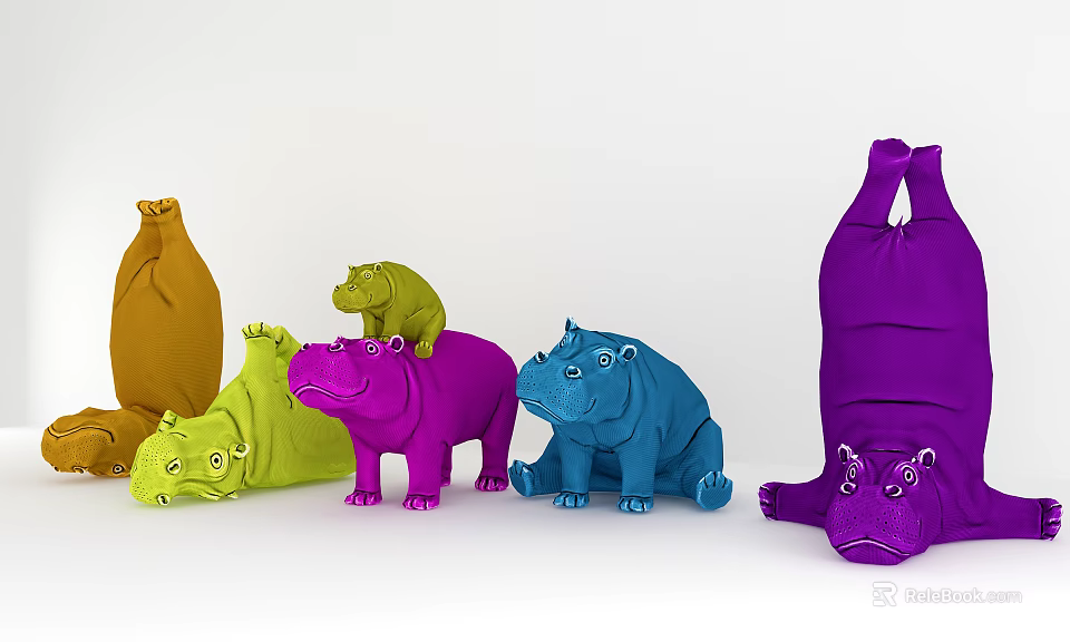 Colorful Hippopotamus Stuffed Dolls in Multiple Different Poses and Vibrant Hues 3d model 