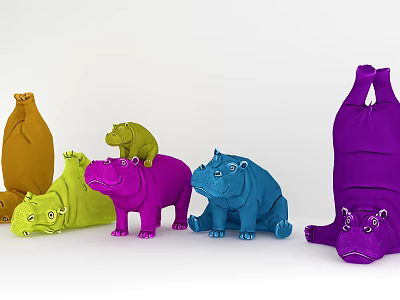 Colorful Hippopotamus Stuffed Dolls in Multiple Different Poses and Vibrant Hues 3d model