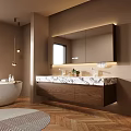 Modern Bathroom Vanity With Double Sinks Marble Countertop Wooden Cabinet And Backlit Mirror