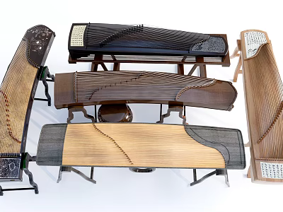 Traditional Chinese Zithers Collection With Various Handcrafted Designs And Wooden Frames 3d model