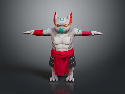 Muscular Mythical Creature Character With Horns Green Eyes Mask And Red Sash 3d model