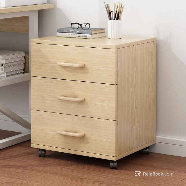 Light Wood Chest of Drawers with Three Drawers Wooden Handles and Wheels 3d model 