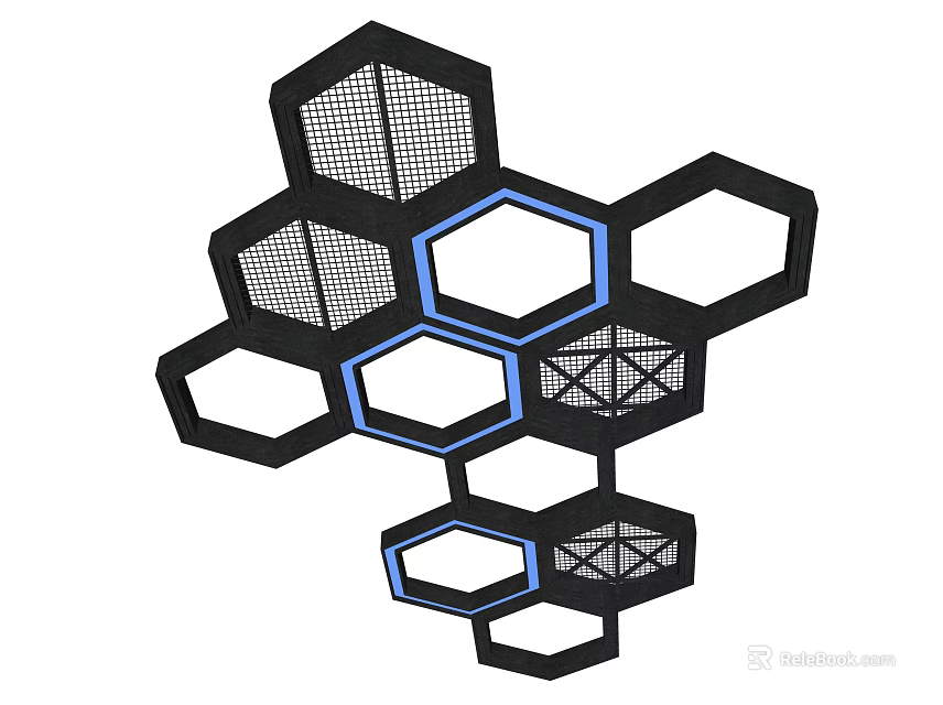 Contemporary Ceiling Design Featuring Hexagonal Shapes Grid Details And Blue Borders 3d model