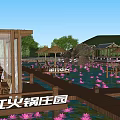 Scenic Ecological Park With Wooden Walkways Lotus Flowers And Water Wheels