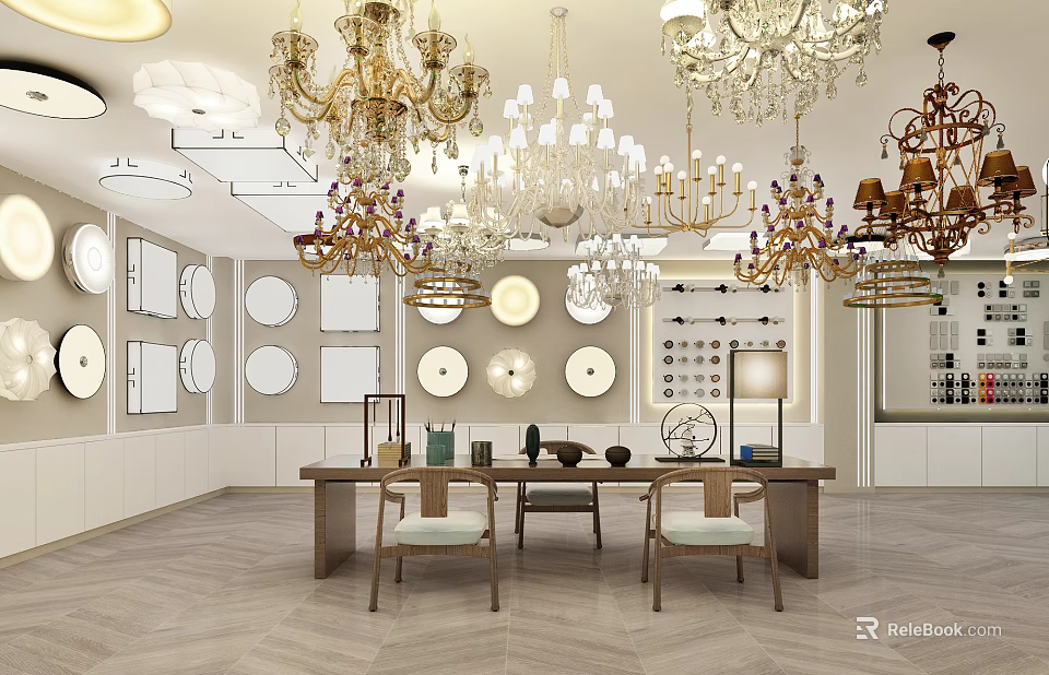 Elegant Chandelier Store Featuring Various Chandeliers Circular Decor Display Tables And Chairs 3d model 