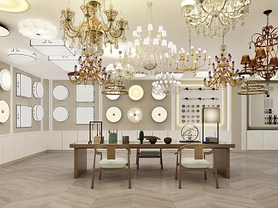 Elegant Chandelier Store Featuring Various Chandeliers Circular Decor Display Tables And Chairs 3d model