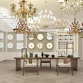 Elegant Chandelier Store Featuring Various Chandeliers Circular Decor Display Tables And Chairs