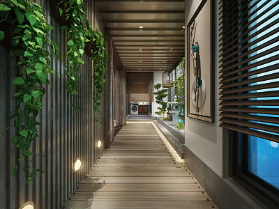 Modern Corridor Style Home Balcony With Green Plants Wooden Flooring And Lighting 3d model