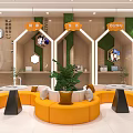 Bright Modern Service Hall Interior With Reception Desk Green Plants And Orange Seats