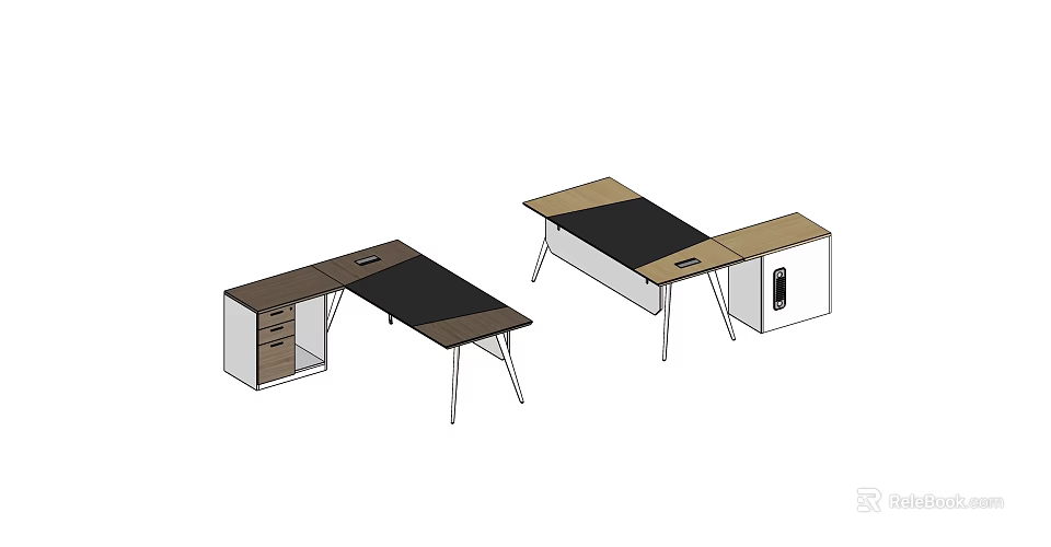Two Modern Office Desks With Brown Black Tabletop And Metal Legs Drawer Storage 3d model 