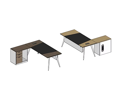 Two Modern Office Desks With Brown Black Tabletop And Metal Legs Drawer Storage 3d model
