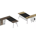 Two Modern Office Desks With Brown Black Tabletop And Metal Legs Drawer Storage